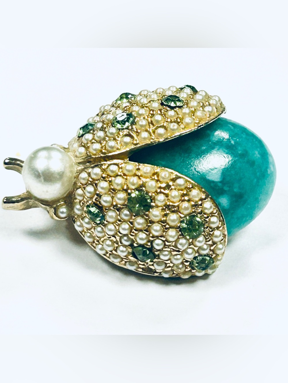 Pearl & Green Crystal LADYBUG Brooch Vintage